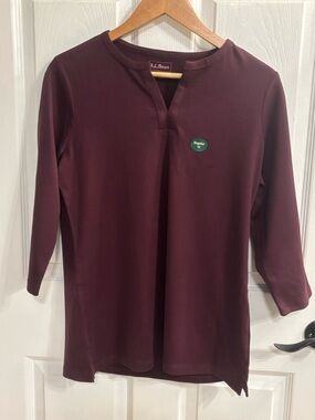 LL Bean Tunic Shirt Women M Splitneck 3/4 Sleeve Maroon Cotton Pullover NEW